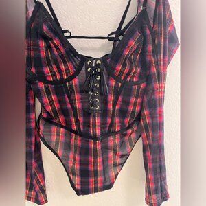 Parade x Betsey Johnson Red Plaid Sheer Sculpt Bodysuit